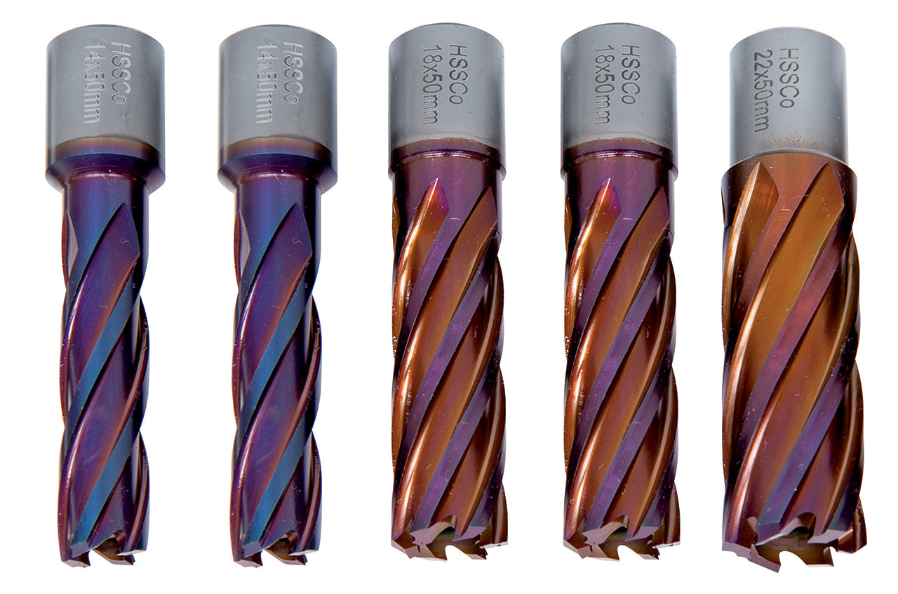 HSSCO5-Kernbohrer CDL, nACO-beschichtet, 14/18/22 mm, Bohrtiefe 50 mm, 5 tlg. 41-11052