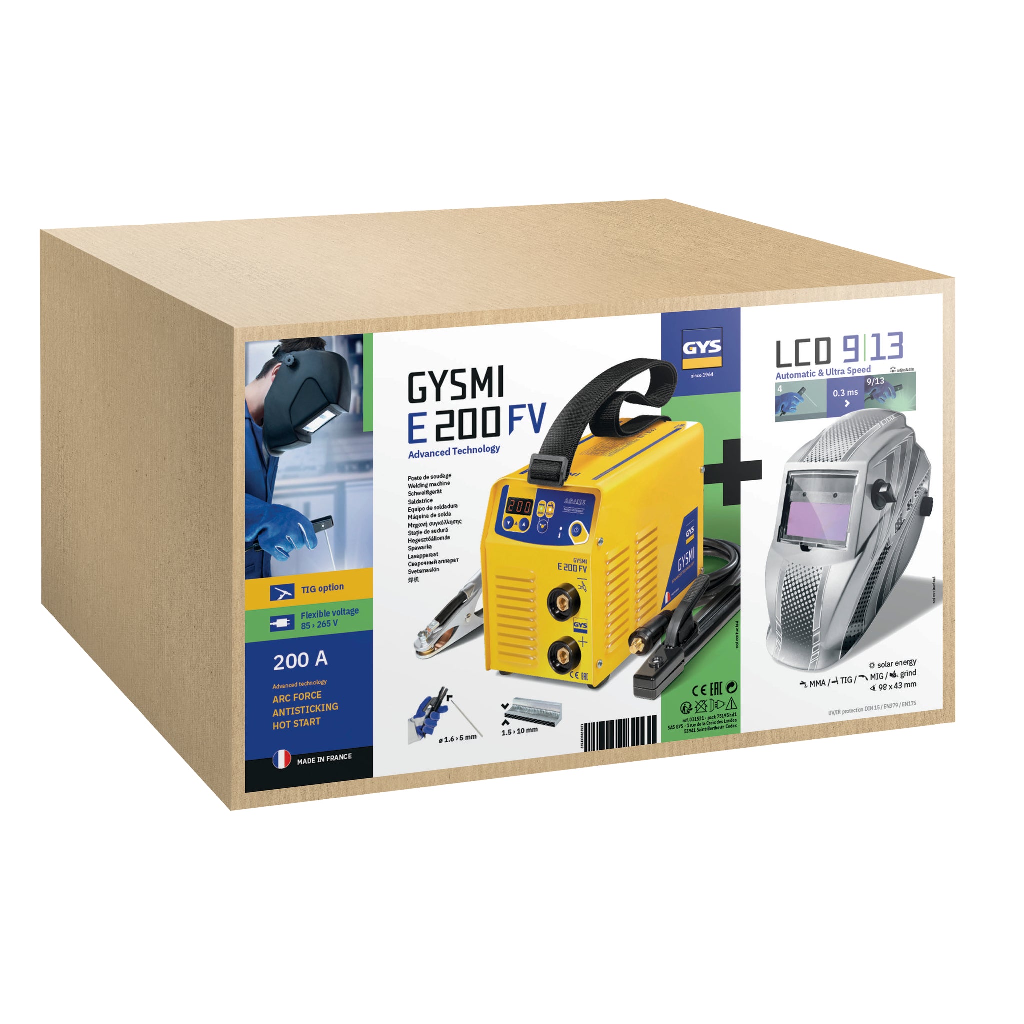 GYS GYSMI E200 FV E-Hand-Inverter Set + Schweißhelm LCD HERMES SILVER 031531