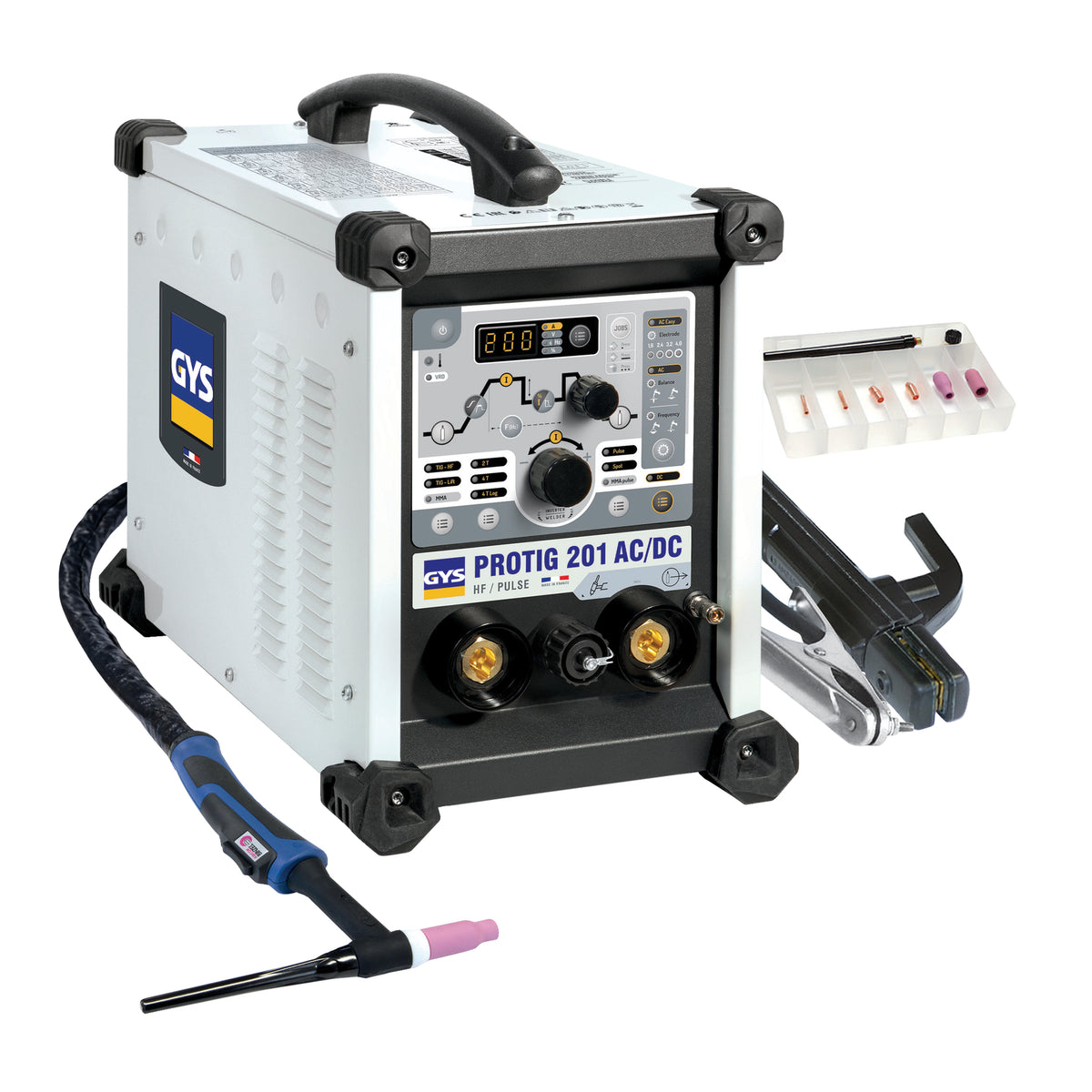 GYS PROTIG 201 AC/DC FV WIG-Inverter Set + SR26DB 4 m + E-HAND-Kit o. Druckmin 063945