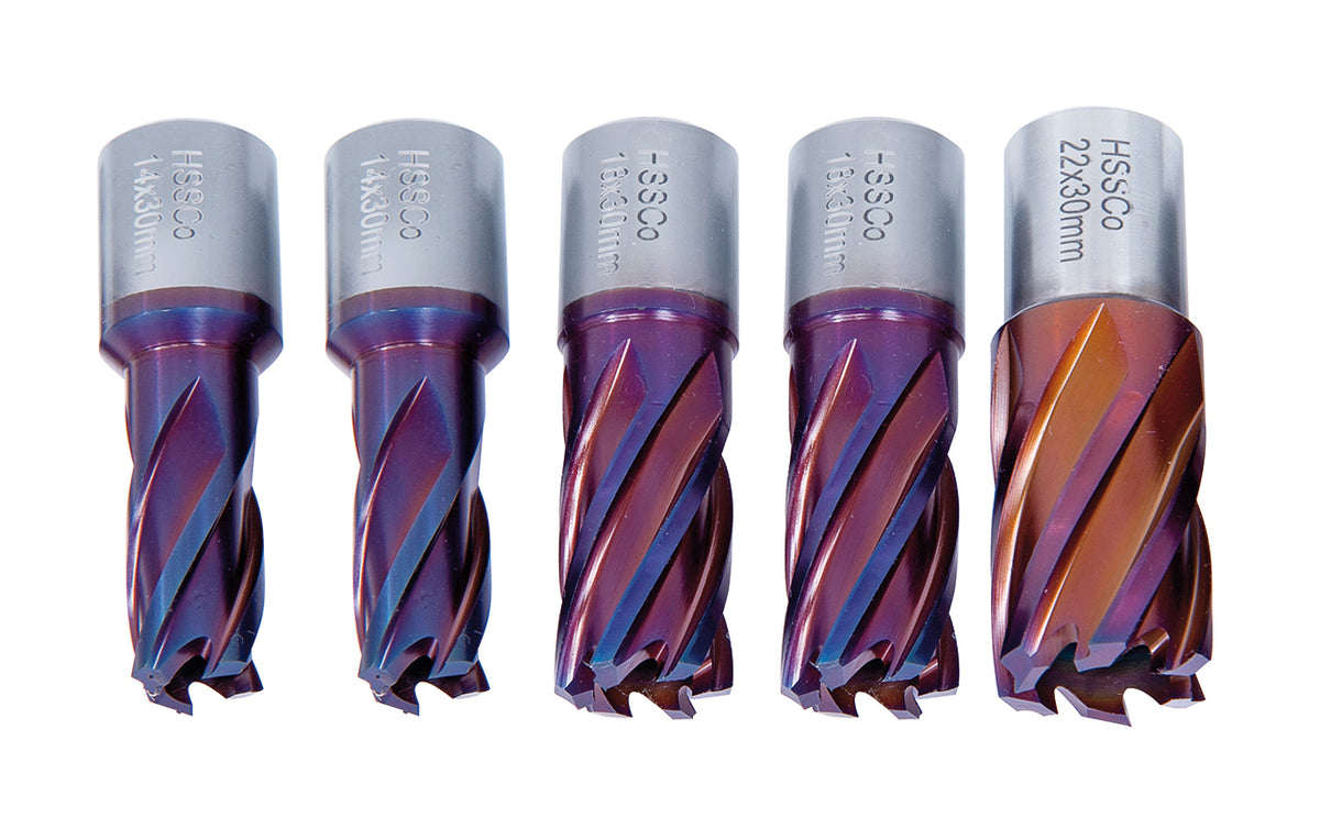 HSSCO5-Kernbohrer CDS, nACO-beschichtet, 14/18/22 mm, Bohrtiefe 30 mm, 5 tlg. 41-11051