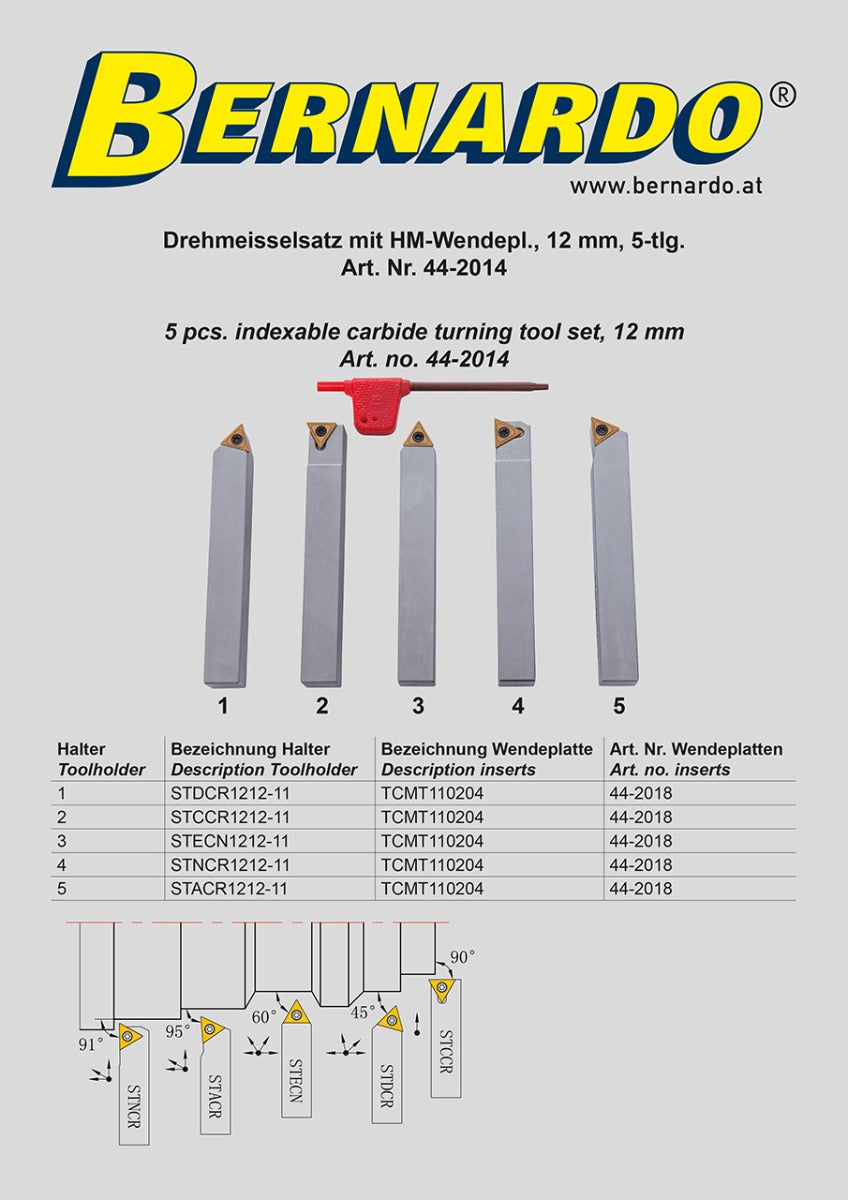 Bernardo Drehmeißelsatz mit HM-Wendeplatten, 12 mm, 5-tlg. 44-2014