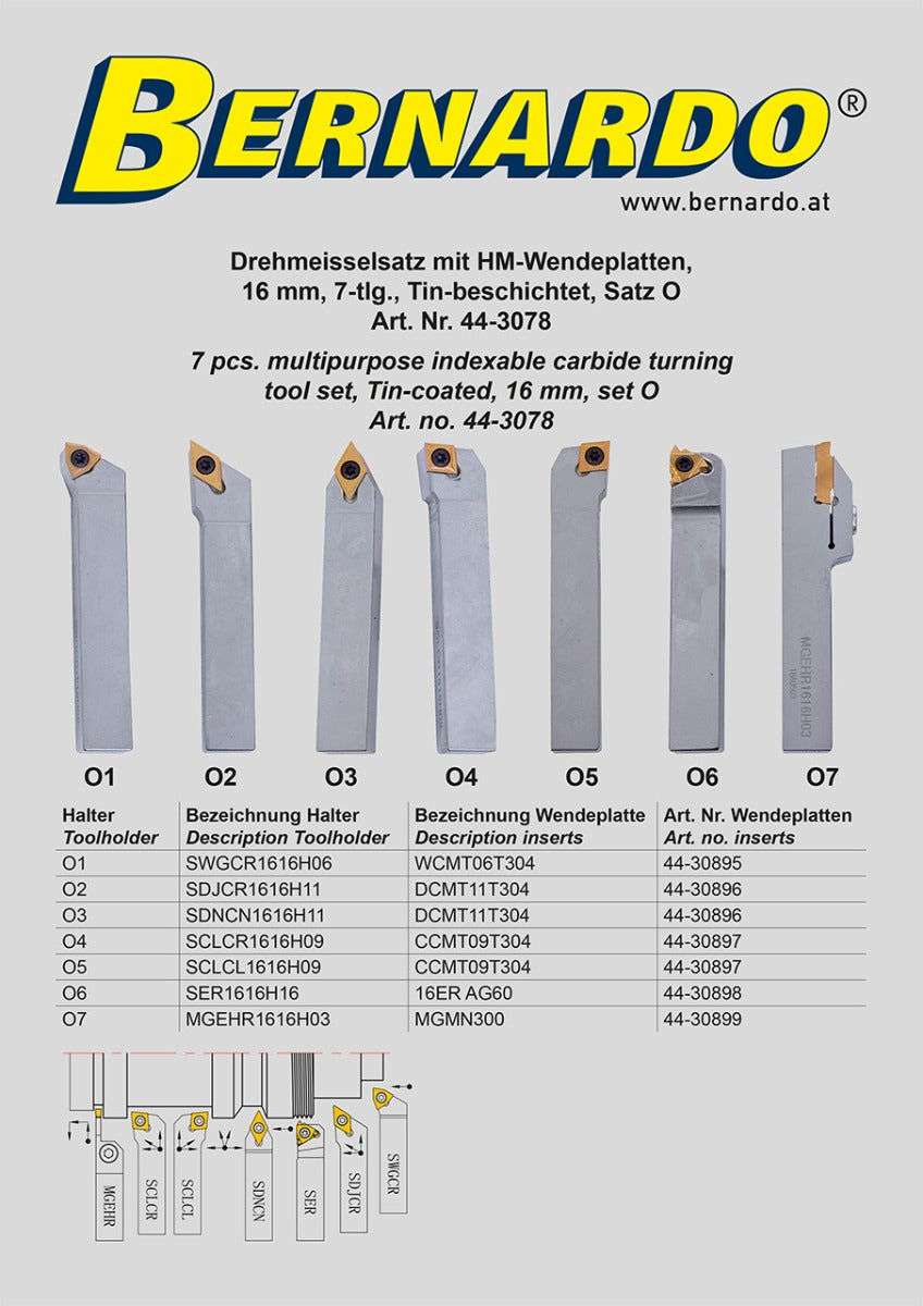 Bernardo Drehmeisselsatz mit HM-Wendeplatten, 16 mm, Satz O 44-3078