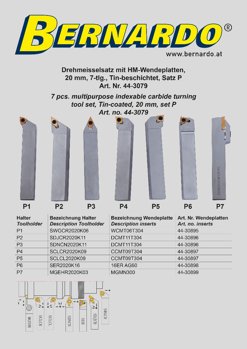 Bernardo Drehmeißelsatz mit HM-Wendeplatten, 20 mm, Satz P 44-3079