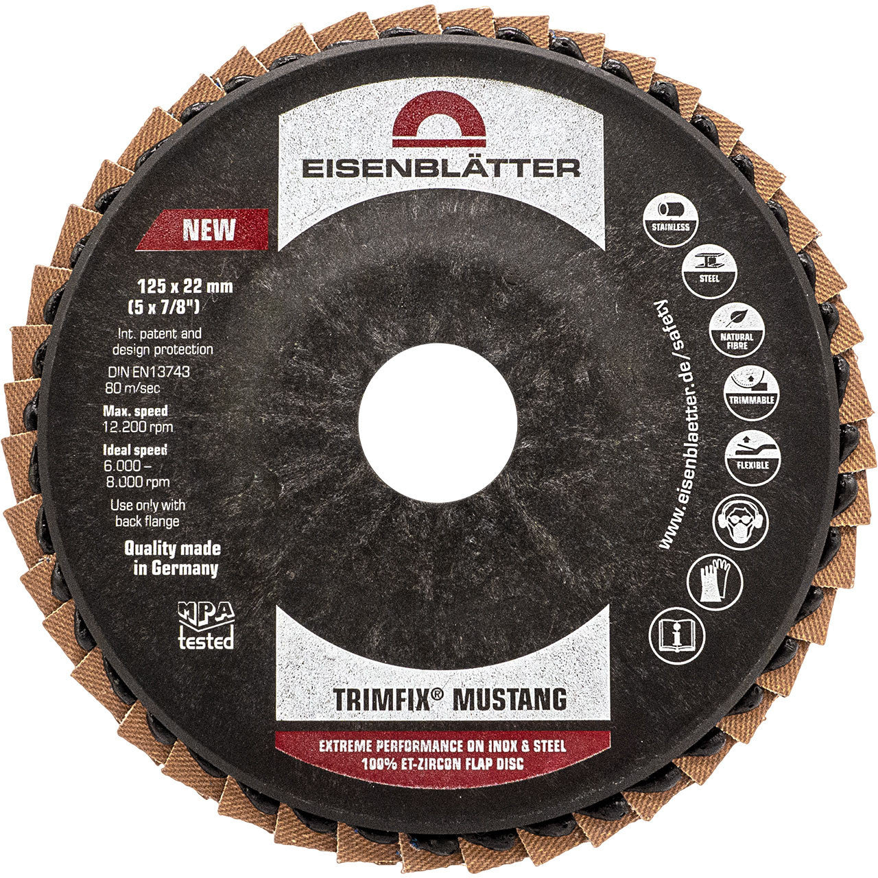 "Eisenblätter 91816 TRIMFIX® MUSTANG® 115 x 22,2 mm, Korn 60, Zirkon Fächerscheibe für Edelstahl"