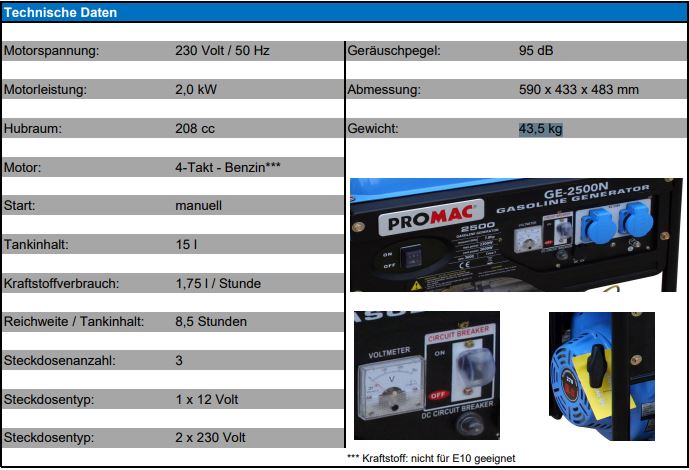 PROMAC 2,0KW STROMERZEUGER GE-2500N