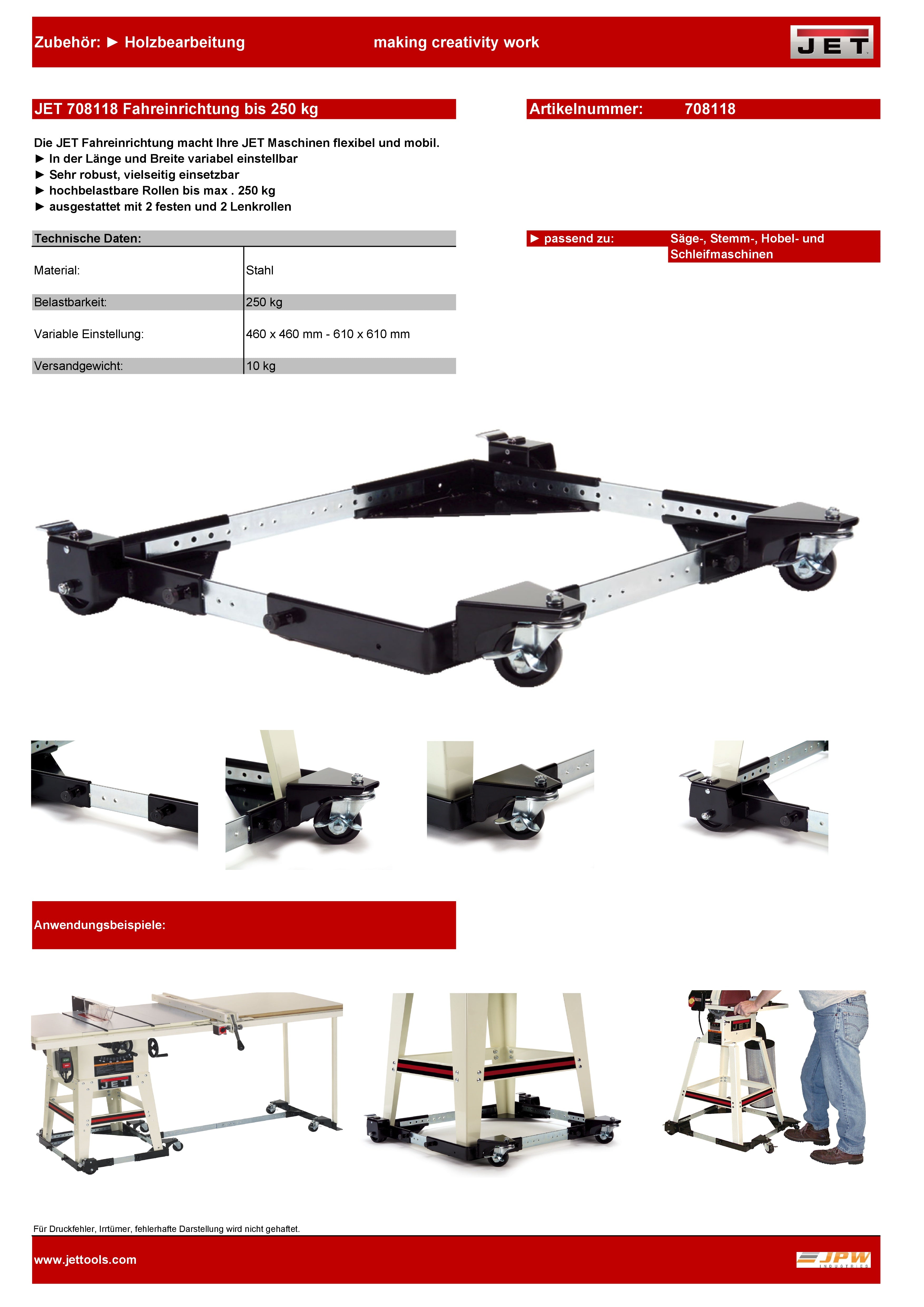 JET Zubehör Hobeln 708118 Fahreinrichtung 460 × 460 mm 610 × 610 mm, bis 250 kg