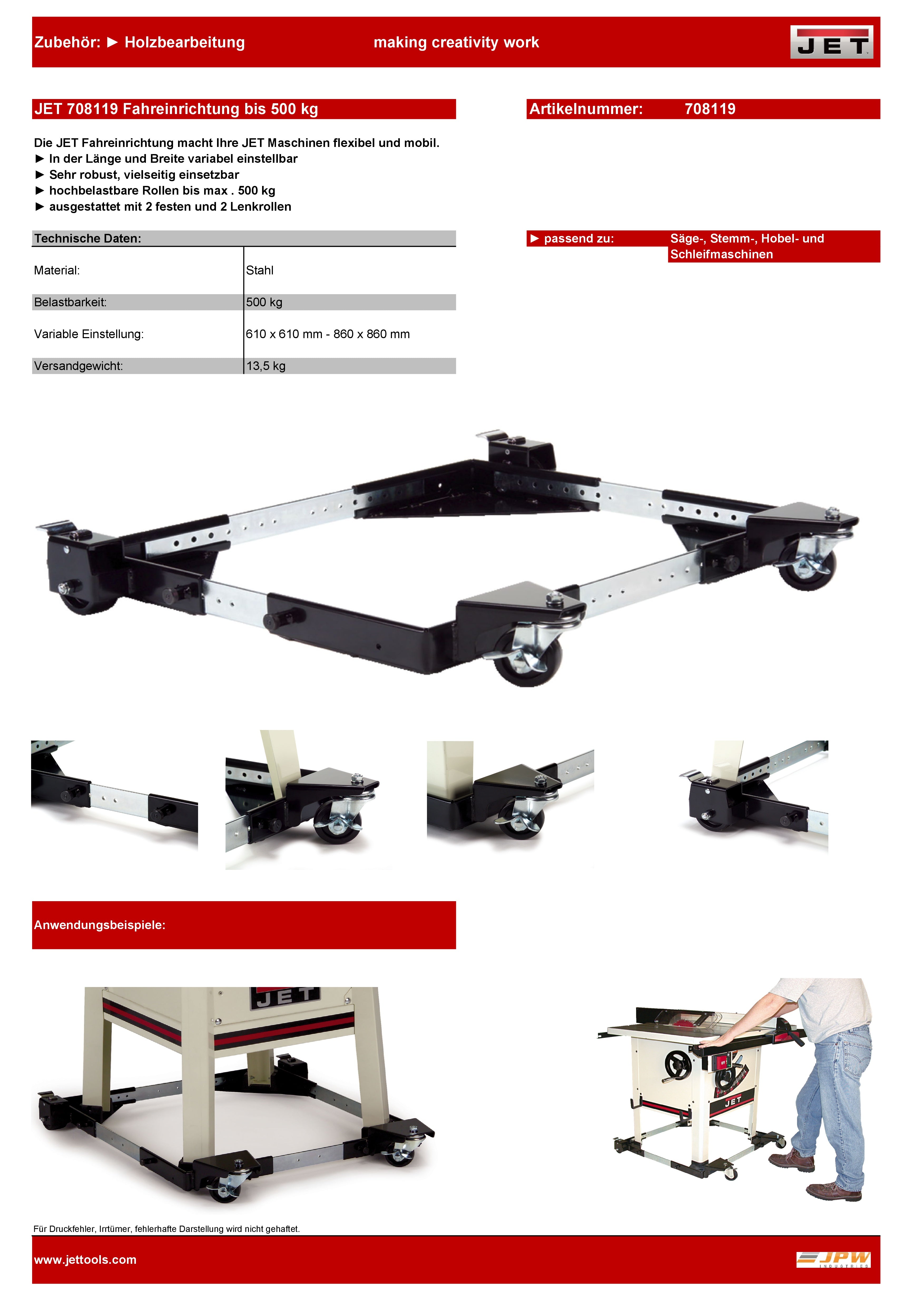 JET Zubehör Hobeln 708119 Fahreinrichtung 610 × 610 mm – 860 × 860 mm, bis 500 kg