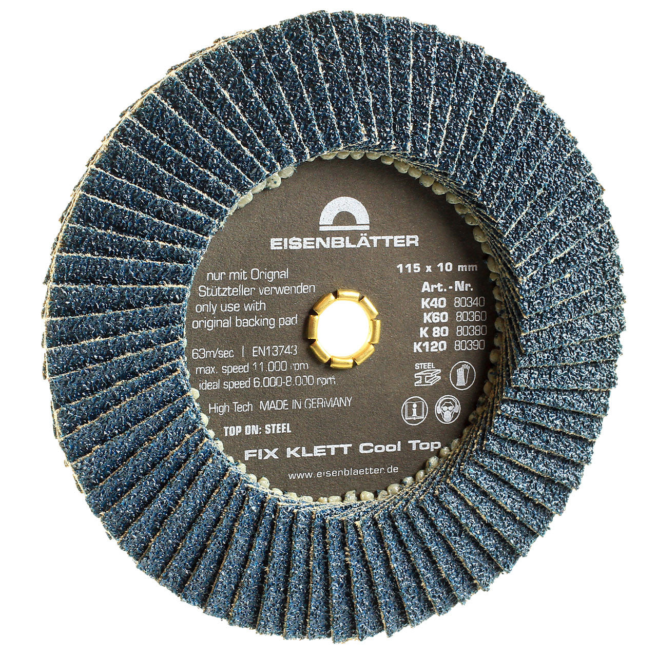 Eisenblätter 80440 FIX KLETT Cool Top® 125 x 10 mm, Korn 40, Klett, Fächerschleifscheibe