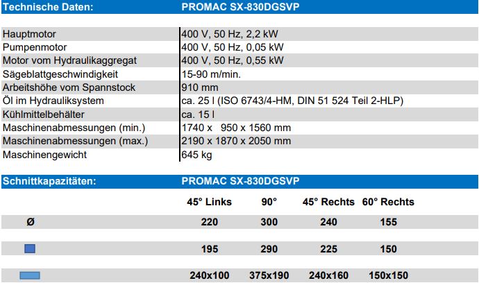 PROMAC HALBAUTOMATISCHE METALLBANDSÄGE SX-830DGSVP