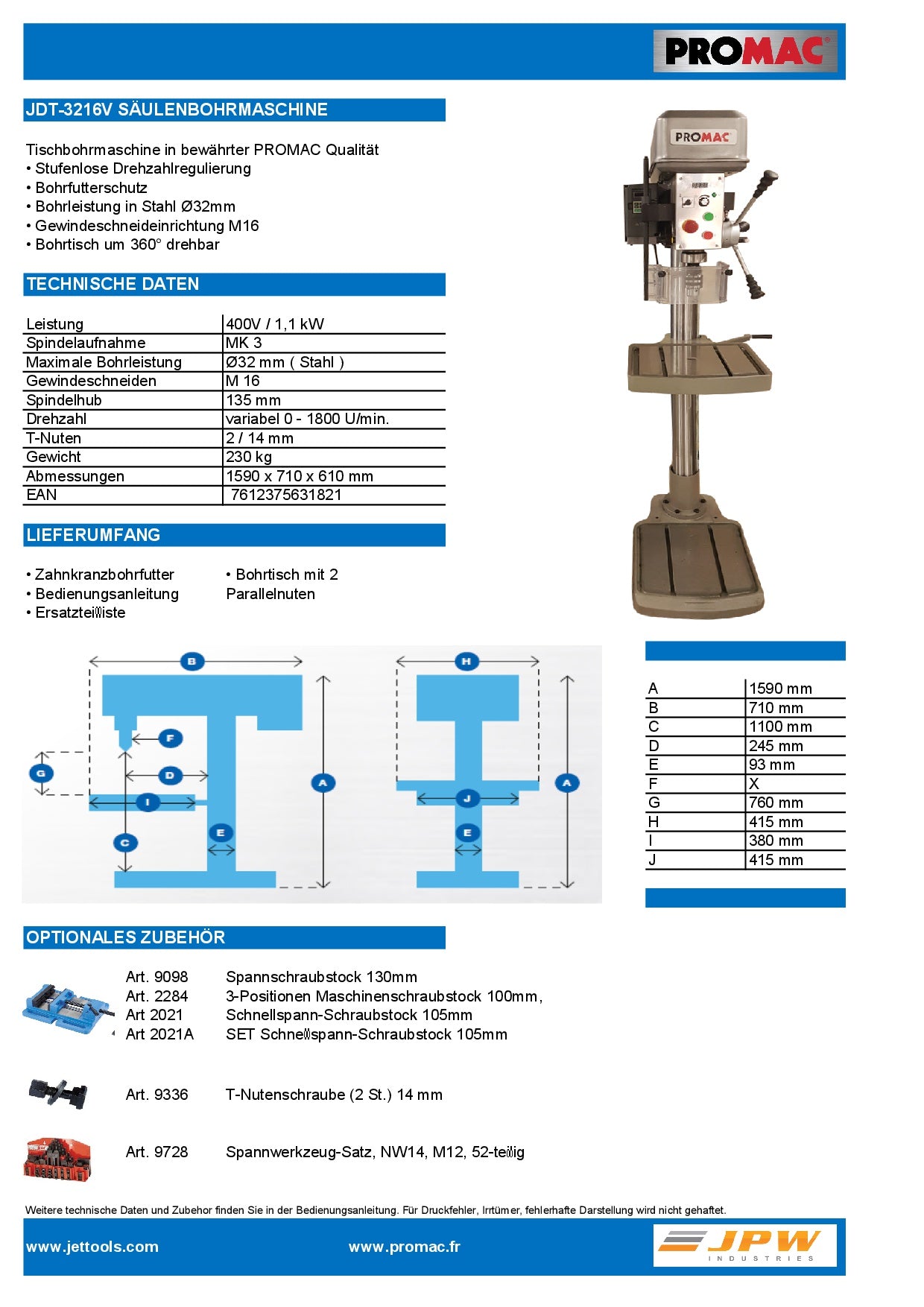 PROMAC SÄULENBOHRMASCHINE JDT-3216V