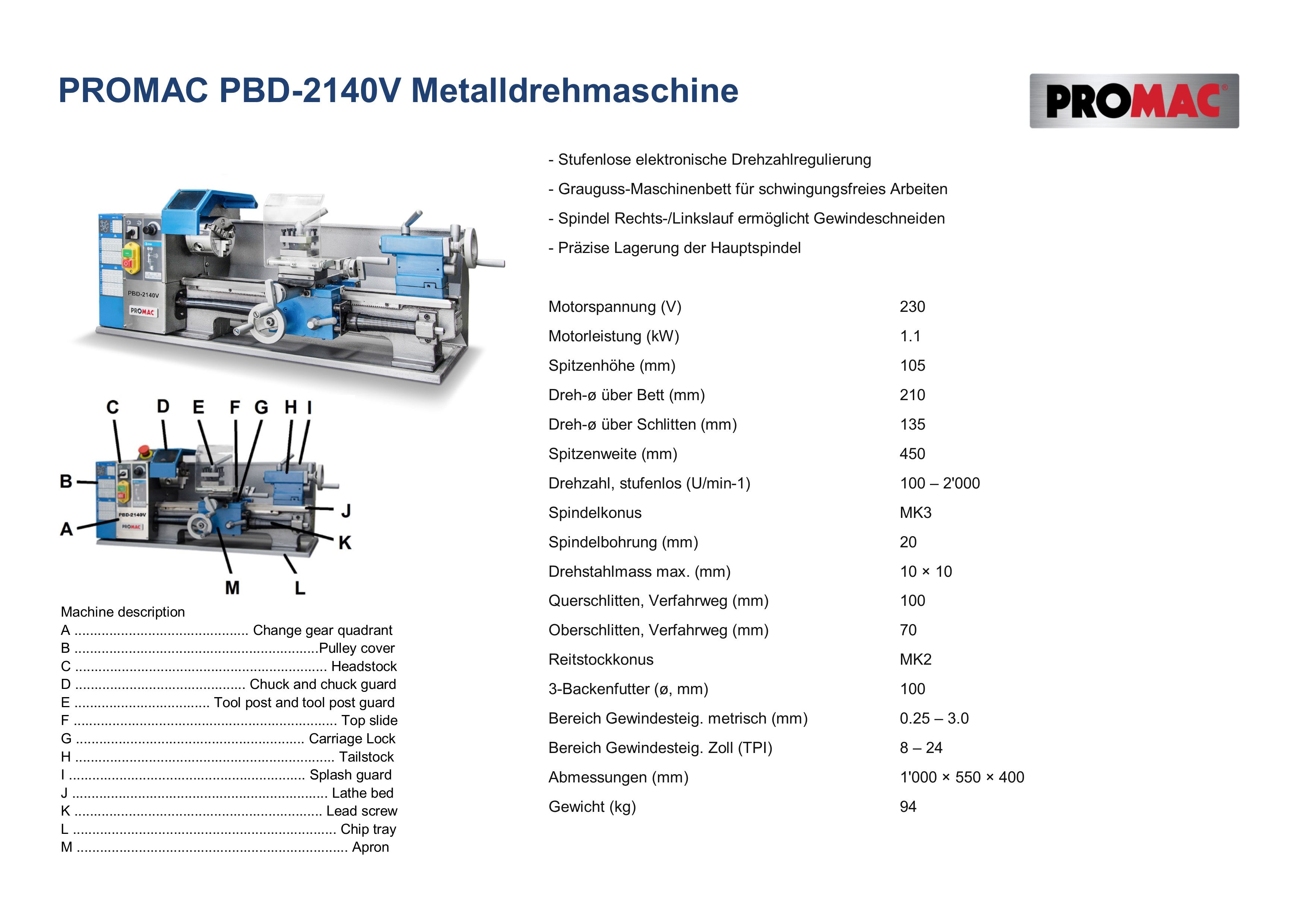 PROMAC METALLDREHBANK PBD-2140V