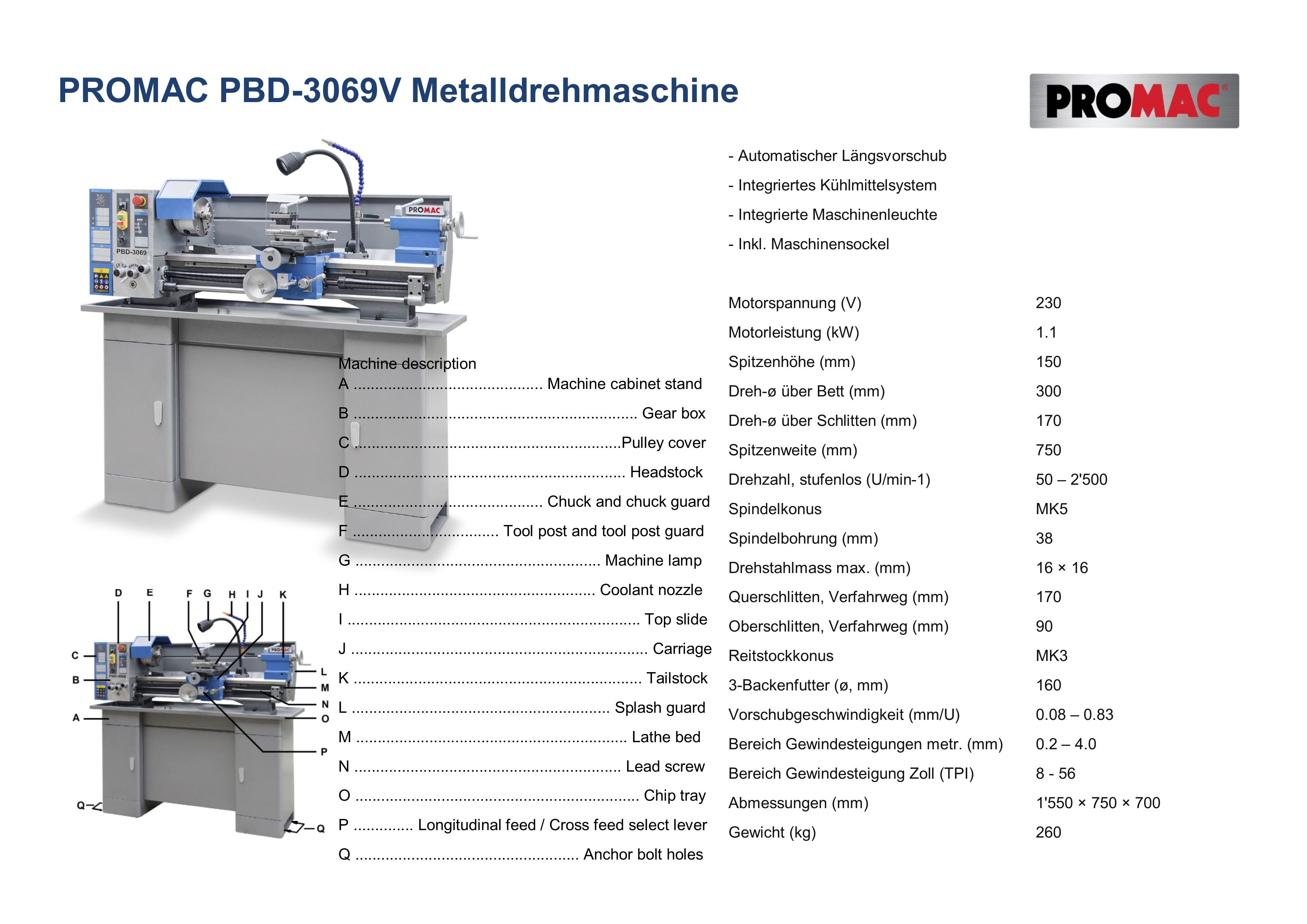 PROMAC METALLDREHBANK PBD-3069