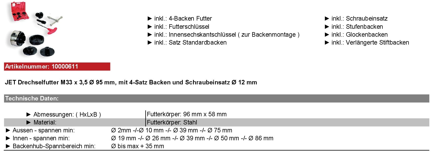 JET Zubehör Drechseln 10000611 Drechselfutter, ø 95 mm,  M33 × 3.5 mm