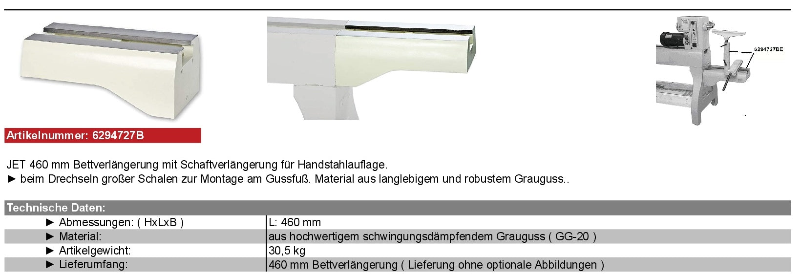 JET Zubehör Drechseln JWL-1440 / 1640 / 1840 / 2035 / 2442 6294727B Bett-Verlängerung, 460 mm mit Schaftverlängerung für Handstahlauflage