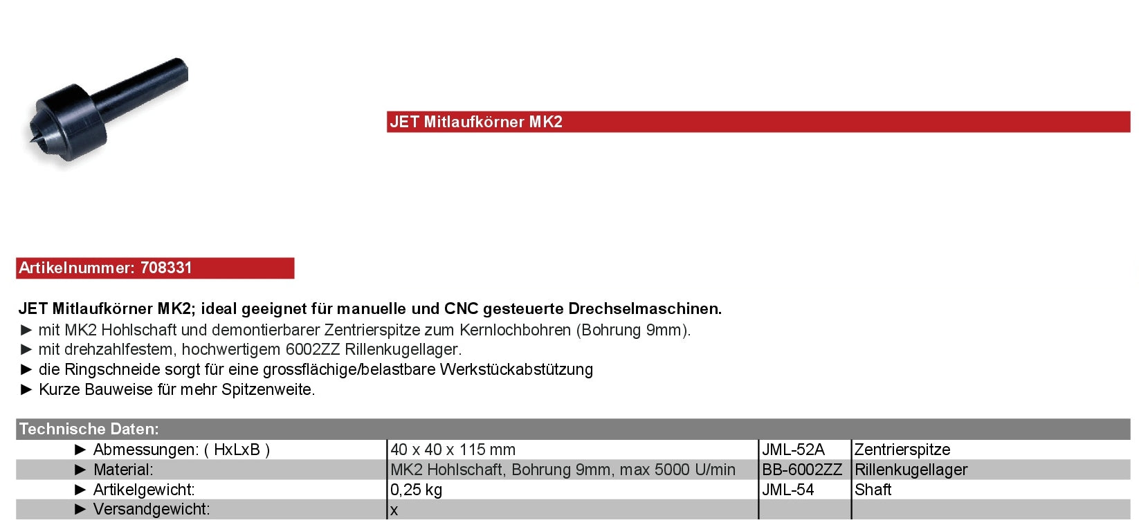 JET Zubehör Drechseln 708331 Mitlaufkörner MK-2