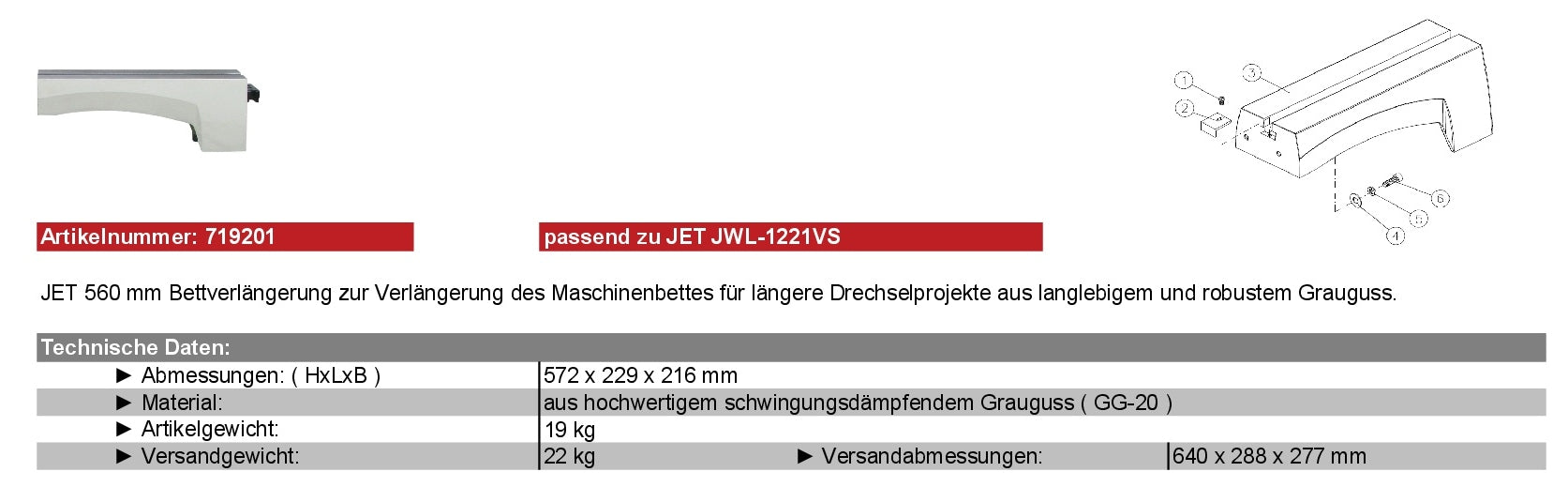 JET Zubehör JWL-1221VS 719201 Maschinenbettverlängerung 560 mm