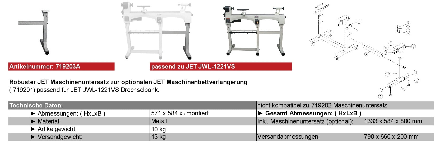 JET Zubehör Drechseln JWL-1221VS 719203A Verlängerung zu Maschinenuntersatz