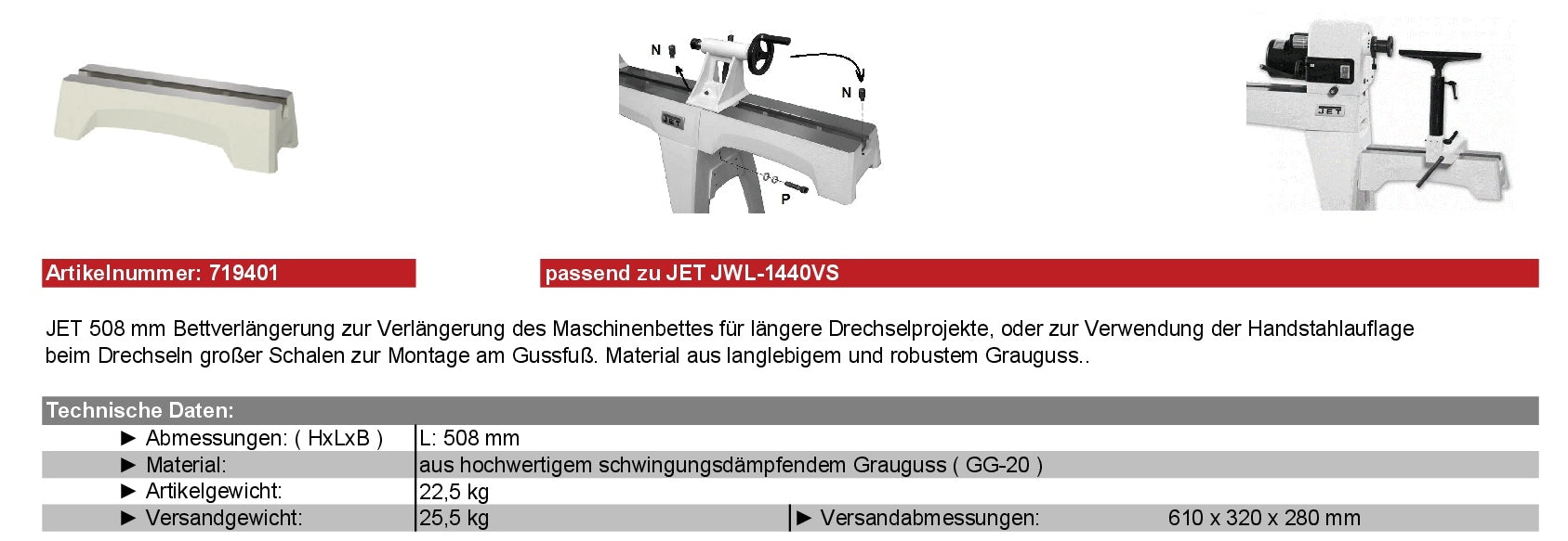 JET Zubehör JWL-1440 / 1640 / 1840 / 2035 / 2442 719401 Bett-Verlängerung, 508 mm, mit Schaftverlängerung für Handstahlauflage