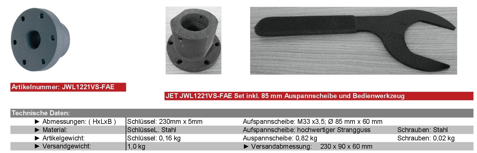 JET Zubehör Drechseln JWL1221VS-FAE Aufspannscheibe 76 mm ( M33 x 3,5 mm )