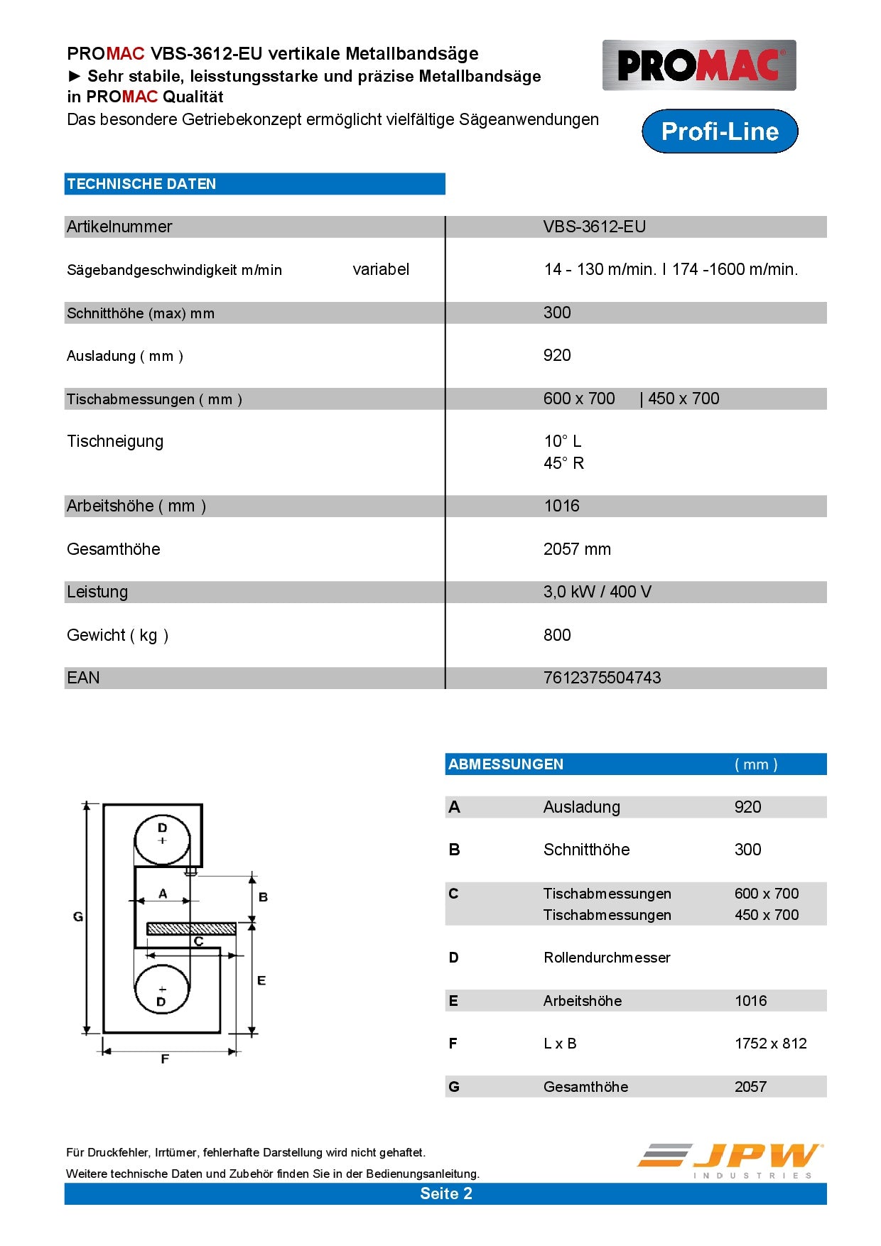 PROMAC VERTIKALE METALLBANDSÄGE VBS-3612